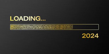 Çubuğu altın olarak yükleme fikri 2024 yılının karanlık arka plan - yeni yıl konsepti - 2024 yılını temsil ediyor..