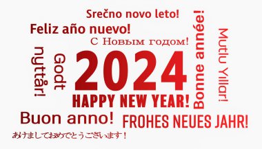 Beyaz arka plan ve farklı dillerde mutlu bir yılbaşı mesajının bulunduğu bir kelime bulutu tasviri 2024 yılını temsil ediyor..