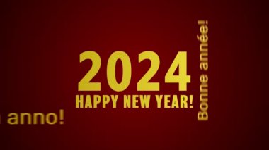 Bir kelime bulutunun kırmızı arkaplanda ve farklı dillerde mutlu bir yeni yıl mesajı içeren video animasyonu 2024 yılını temsil ediyor..