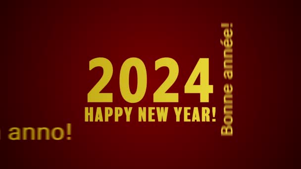 ワードクラウドのビデオアニメーションは 赤い背景と異なる言語で金で幸せな新年をメッセージで 新しい年を表しています 2024 — ストック動画