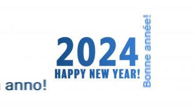 Beyaz arka plan ve farklı dillerde mutlu bir yeni yıl mesajıyla bir kelime bulutunun video animasyonu 2024 yılını temsil ediyor..