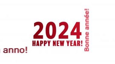 Beyaz arka plan ve farklı dillerde kırmızı ile yeni yıl mesajını taşıyan bir kelime bulutunun video animasyonu 2024 yılını temsil ediyor..