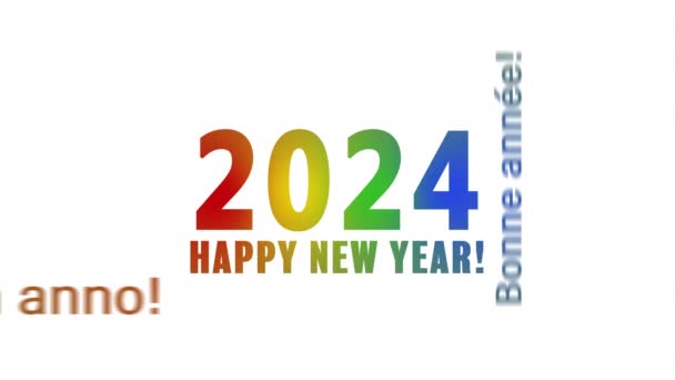 一个文字云彩的视频动画 以五彩缤纷的背景和不同的语言传达着新年的快乐信息 代表了2024年的到来 — 图库视频影像