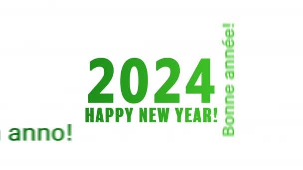 一个词 的视频动画 以绿色 白色背景和不同的语言 传达着新年的快乐信息 代表了2024年的到来 — 图库视频影像