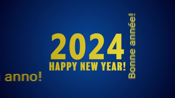 在蓝色背景下 用不同的语言制作的带有 新年快乐 字样的 视频动画代表了2024年的到来 — 图库视频影像