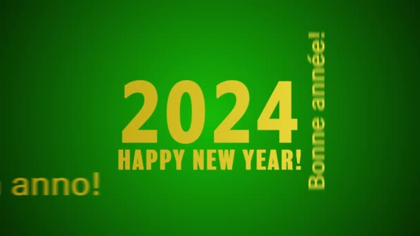 ワードクラウドのビデオアニメーションは 緑の背景と異なる言語で黄金の幸せな新年をメッセージで 新しい年を表しています 2024 — ストック動画