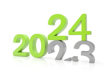 2024 ve 23 sayılarını yeşil ve gümüş renkle gösteren 3D görüntüleme. 24 numara 23 numaranın üzerine düşüyor ve toprağa karışıyor..