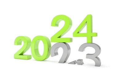 2024 ve 23 sayılarını yeşil ve gümüş renkle beyaz arkaplandan 3 boyutlu yorumlama. 24 numara 23 numaranın üzerine düşüyor ve toprağa karışıyor..