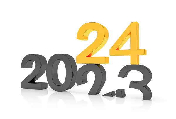 3D渲染数字2024和23在白色背景上的黑色和金色 24号球落在23号球上 并在地面上突破 图库图片