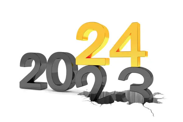 3D渲染数字2024和23在白色背景上的黑色和金色 24号球落在23号球上 并在地面上突破 图库照片