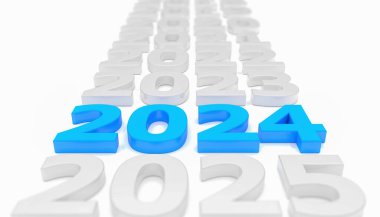 Beyaz arka planda 2024 sayısının yer aldığı 3D zaman çizelgesi yeni yılı temsil ediyor - tatil kavramı.