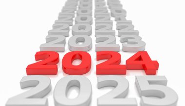 Beyaz yansıtıcı arka planda 2024 sayısının yer aldığı 3D zaman çizelgesi yeni yılı temsil ediyor - tatil kavramı.