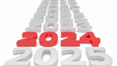 Beyaz zemin üzerinde kırmızı ile 2024 sayısının yer aldığı 3D zaman çizelgesi yeni yılı temsil ediyor - tatil kavramı.