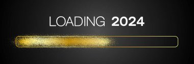 Koyu arkaplan üzerinde 2024 sayılı mesajın yüklendiği altın dolu bir barın tasviri - yeni yıl konsepti - 2024 yılını temsil ediyor..