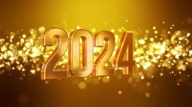 Altın arkaplandaki altın ışık parçacıklarının video animasyonu ve 2024 rakamları yeni yılı temsil ediyor. Tatil kavramı..