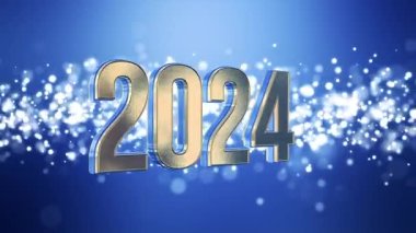 Noel 'in video animasyonu altın ışık parçacıkları mavi arka planda parlıyor ve 2024 rakamları yeni yılı temsil ediyor - tatil kavramını..