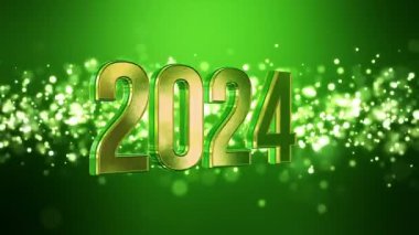 Noel 'in video animasyonu altın ışık parçacıkları yeşil zemin üzerinde boke ve 2024 sayıları altın - yeni yılı temsil ediyor - tatil kavramı.