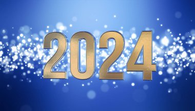 Noel 'in 3D görüntüsü altın ışık parçacıkları mavi zemin üzerinde boke ve 2024 sayıları altın - yeni yılı temsil ediyor - tatil kavramı.