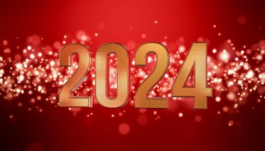 Noel 'in 3D görüntüsü altın ışık parçacıkları kırmızı zemin üzerinde boke ve 2024 sayıları altın - yeni yılı temsil ediyor - tatil kavramı.