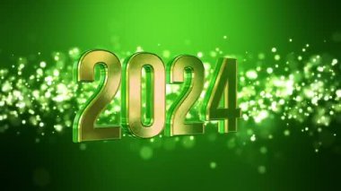 Noel 'in video animasyonu altın ışık parçacıkları yeşil zemin üzerinde boke ve 2024 sayıları altın - yeni yılı temsil ediyor - tatil kavramı.