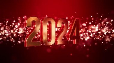 Kırmızı zemin üzerinde parlayan altın ışık parçacıklarının video animasyonu ve 2024 rakamları yeni yılı temsil ediyor. Tatil kavramı..