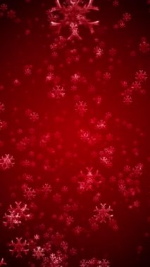 Kırmızı zemine düşen kar tanelerinin dikey video animasyonu. Soyut hareket arkaplanı. Kusursuz döngü. Noel ve tatil konsepti.