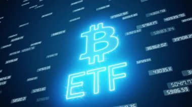 ETF anahtar kelimesinin video animasyonu ve koyu soyut bir arka plan üzerinde mavi ile Bitcoin işareti - iş konsepti.
