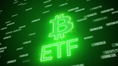 ETF anahtar kelimesinin video animasyonu ve Bitcoin işareti koyu soyut bir arka planda - iş konsepti.