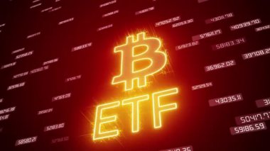 ETF anahtar kelimesinin video animasyonu ve Bitcoin işareti koyu soyut bir arka planda - iş konsepti.