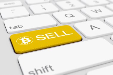 Üzerinde sarı anahtar olan bir bilgisayarın 3 boyutlu klavyesi ve metin satışı ile birlikte bitcoin logosu - iş konsepti.