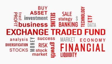 Değiş tokuş fonunun (ETF) grafiği beyaz arkaplanda kırmızı ve gri metin içeren anahtar sözcük bulutu.