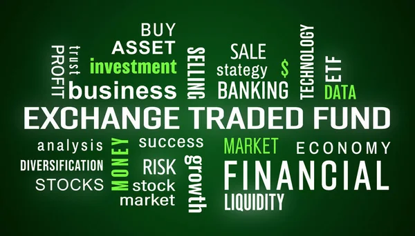 交易所交易基金 Etf 关键词云显示 黑幕背景下的白绿色文字 图库图片