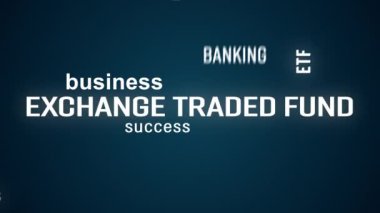 Değişim fonunun (ETF) video animasyonu koyu arkaplan üzerinde beyaz ve yeşil metin içeren anahtar sözcük bulutu.