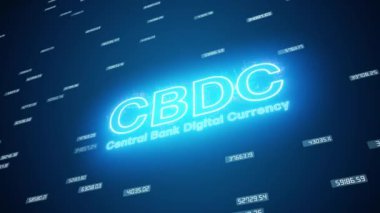 CBDC anahtar sözcüğünün video animasyonu - merkez bankası dijital para birimi koyu soyut bir arka planda - iş konsepti.