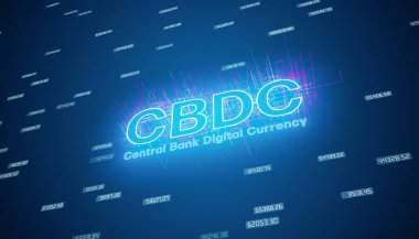 CBDC anahtar sözcüğünün çizimi - merkez bankası dijital para birimi koyu soyut bir arka planda - iş konsepti.