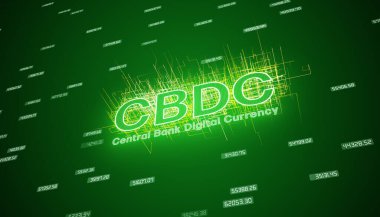 CBDC anahtar sözcüğünün çizimi - merkez bankası dijital para birimi koyu soyut bir arka plan - iş konsepti.
