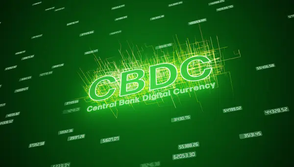 Illustration Des Schlüsselwortes Cbdc Digitalwährung Der Zentralbank Grün Auf Dunklem lizenzfreie Stockbilder