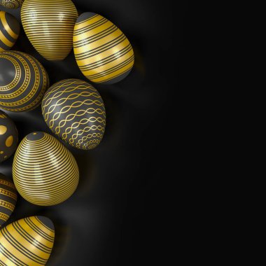 Siyah ve altın renkli paskalya yumurtalarının koyu arkaplanda 3D görüntülenmesi - tatil arka planı.