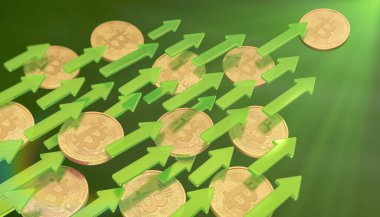 Yeşil okları olan 3 boyutlu altın, fiziksel Bitcoin paralar.