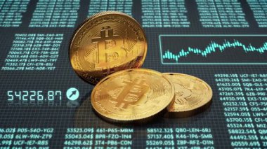 Üç altın Bitcoin madeni parasının video animasyonu. Arkaplanda aktarımlar ve bir şamdan şeması - dijital para birimi - şifreli para birimi.