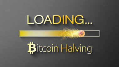 Bitcoin yarıya indirme için bir yükleme barının tasviri - BTC şifreleme madeni para ikiye bölündü. Bitcoin kripto para birimi madenciliği için ödül 2024 konseptinde yarı yarıya azaltıldı.