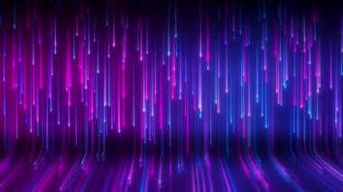 Döşemeyi yansıtan mavi ve morumsu renkte parlayan neon çizgilerin video animasyonu - soyut arkaplan.