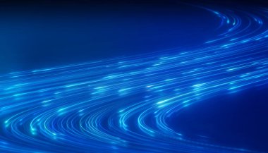 Döşemeyi yansıtan mavi renkte parlayan neon çizgilerin çizimi - soyut arkaplan.