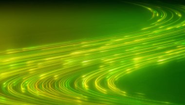 Parlak neon çizgilerin parlaklığı yeşil ve sarı yansıyan zeminde - soyut arkaplan.