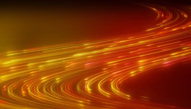 Yansıyan zeminde kırmızı ve sarı renkli parlak neon çizgilerin çizimi - soyut arkaplan.