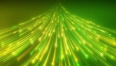 Parlak neon çizgilerin parlaklığı yeşil ve sarı yansıyan zeminde - soyut arkaplan.