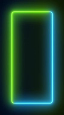 Yeşil ve mavi renkli parlayan neon dikdörtgenlerin video animasyonu - soyut arkaplan - dikey görüntü