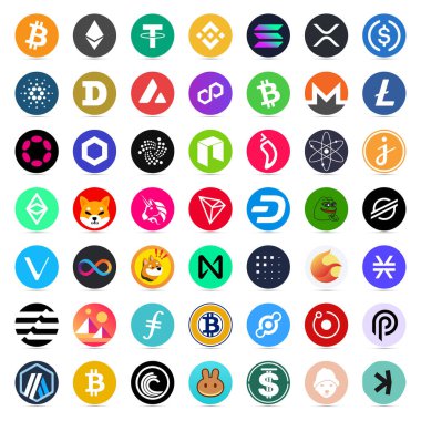 Beyaz arka planda 49 kripto para birimi logosu koleksiyonu. En iyi Kripto simgeleri Bitcoin, Ethereum, Dogecoin, Lither, Cardano, Uniswap, XRP ve daha pek çoğu.