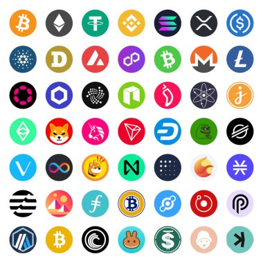 Beyaz arka planda 49 kripto para birimi logosu koleksiyonu. En iyi Kripto simgeleri Bitcoin, Ethereum, Dogecoin, Lither, Cardano, Uniswap, XRP ve daha pek çoğu.