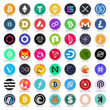 Beyaz arka planda 49 kripto para birimi logosu koleksiyonu. En iyi Kripto simgeleri Bitcoin, Ethereum, Dogecoin, Lither, Cardano, Uniswap, XRP ve daha pek çoğu.